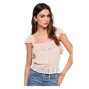 NWT Lulu’s Delicate Cutie Peach Ivory Ruffled Lace Peplum Top - Large